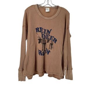 Aerie Offline Waffle Knit Thermal Reindeer Run Graphic Brown Size S Relaxed Fit